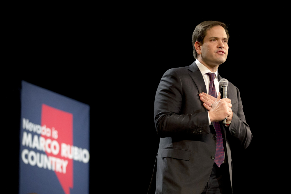 Republican presidential candidate Sen. Marco Rubio of Florida speaks at a rally Sunday in North Las Vegas, Nev.