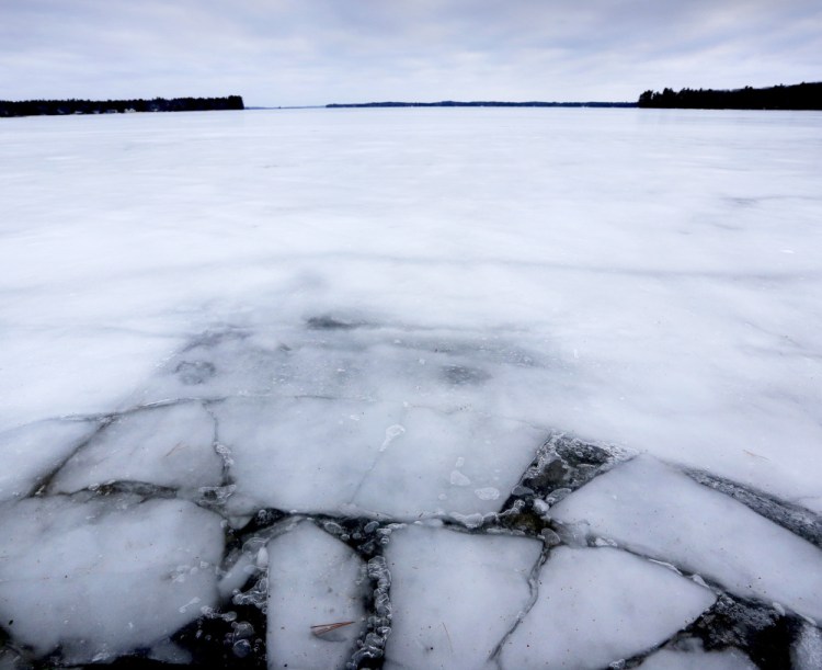 The thin ice is apparent in this view from the Jordan Bay boat launch in Raymond on Tuesday. If Sebago Lake’s ice isn't safe, this weekend’s Sebago Lake Rotary Ice Fishing Derby will be held on smaller lakes and ponds in Cumberland County.
