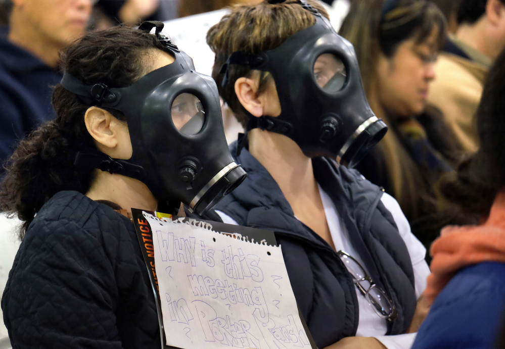 In January,  protesters wearing gas masks attended a hearing on the gas leak at the southern California Gas Company’s Aliso Canyon Storage Facility.
