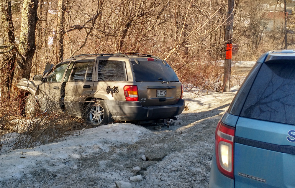 Contributed photo
An escapee from a Franklin County sheriff’s tranport van allegedly stole an SUV, crashing it before he was caught in Chesterville a short time after his escape in Farmington.