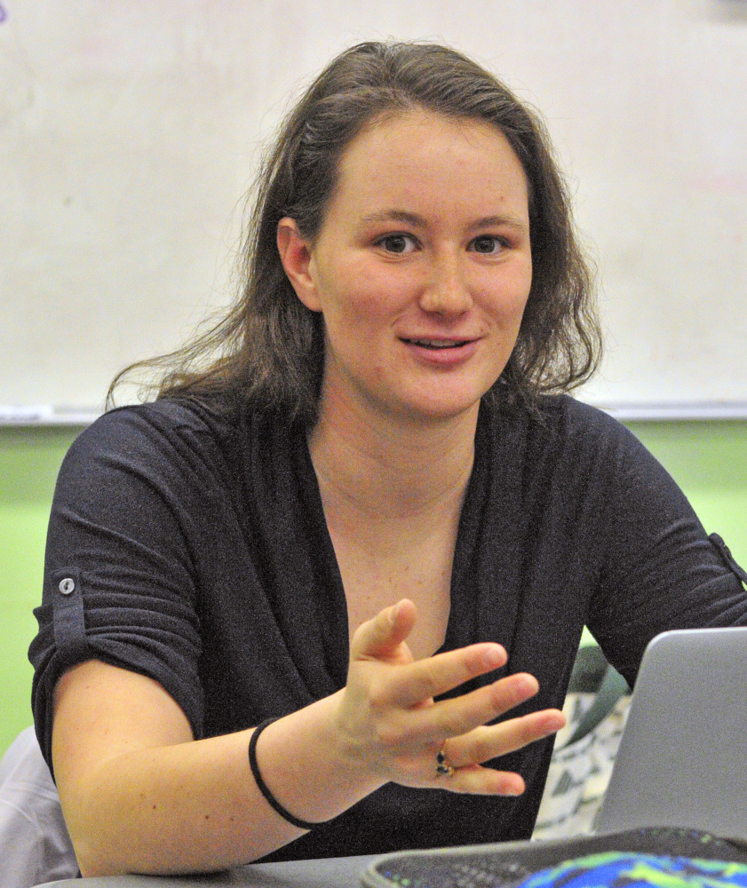 Becki Bryant answers questions about academic decathlon during an interview on Wednesday at Monmouth Academy.