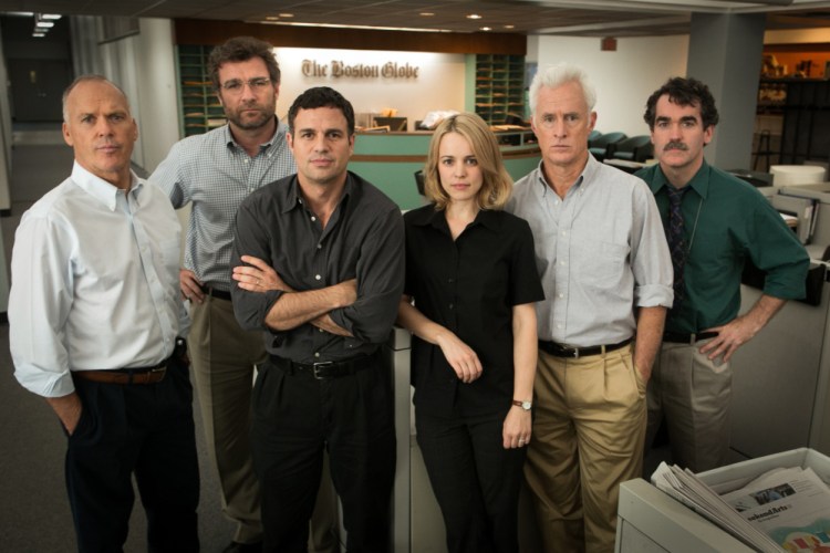 Michael Keaton, from left, as Walter Robinson, Liev Schreiber as Marty Baron, Mark Ruffalo as Michael Rezendes, Rachel McAdams, as Sacha Pfeiffer, John Slattery as Ben Bradlee Jr., and Brian d’Arcy James as Matt Carroll, in a scene from the film, “Spotlight.” The film, which one the Best Picture Oscar, was made after Waterville native David Mizner pitched the idea after he did a case study on the Boston Globe investigation while at Columbia University.
