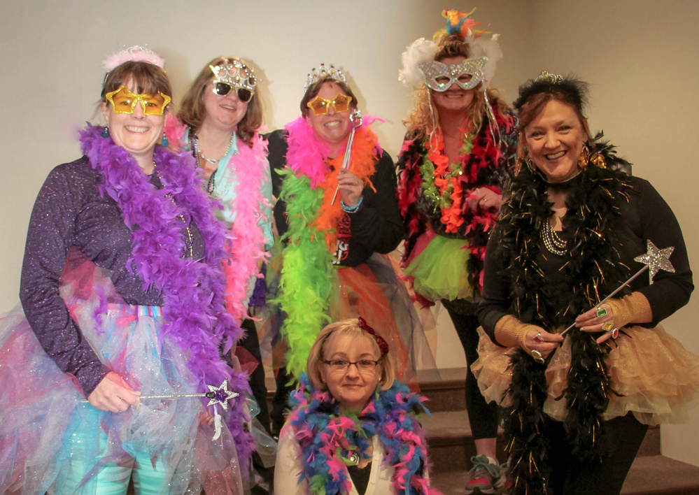 The K-2 team dressed up like Fancy Nancy, sitting is Wendy Walkins; and standing, from left, are Lori Urquhart, April Spencer, Carol Birch, Becky Marks and Debbie Demos.