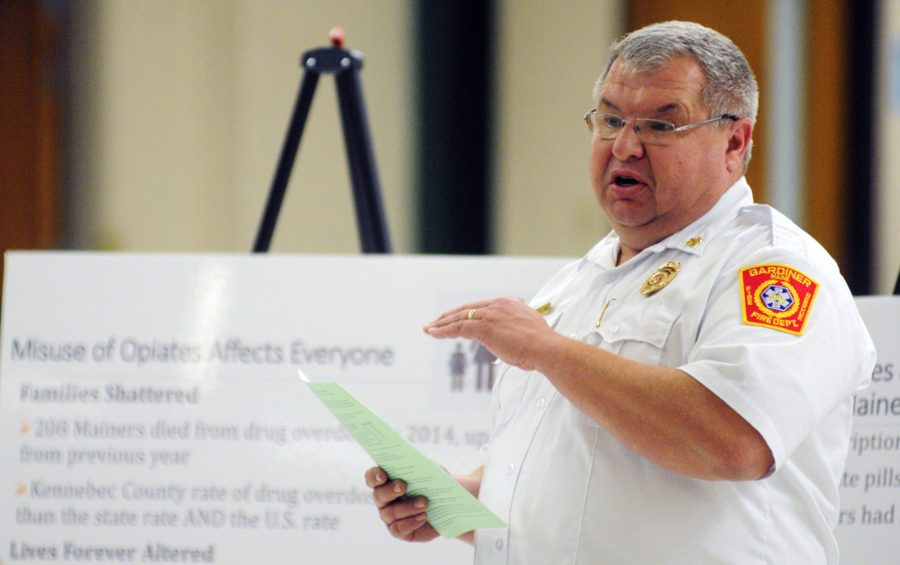 Gardiner Fire Chief Al Nelson, who said call volumes in the city are going up, speaks during a forum in November 2015 at Gardiner Regional Middle School in Gardiner.