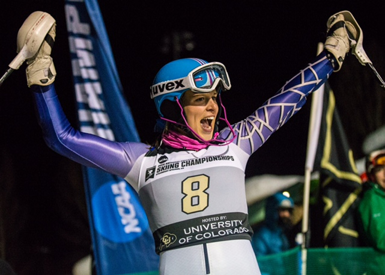 Mardi Haskell, of Colby College, celebrates during the slalom portion of the NCAA Division I Skiing Championships on Friday night at Howelsen Hill in Steamboat Springs, Colo. Haskell finished in fourth place to garner All-American honors.