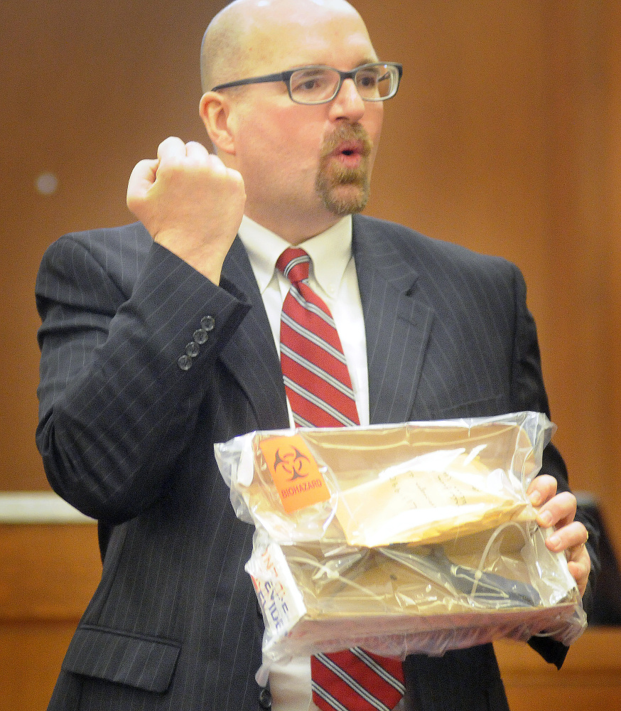Assistant Attorney General Donald Macomber describes how Jillian Jones died from knife wounds during opening arguments Monday of the murder trial of Justin Pillsbury. Pillsbury claims he was defending himself from Jones, who died of several stab wounds at their Augusta apartment in Nov. 2013.