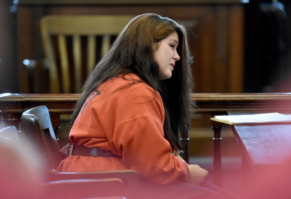 Kayla Stewart becomes emotional during a bail hearing at Somerset County Superior Court in Skowhegan on Feb. 19.