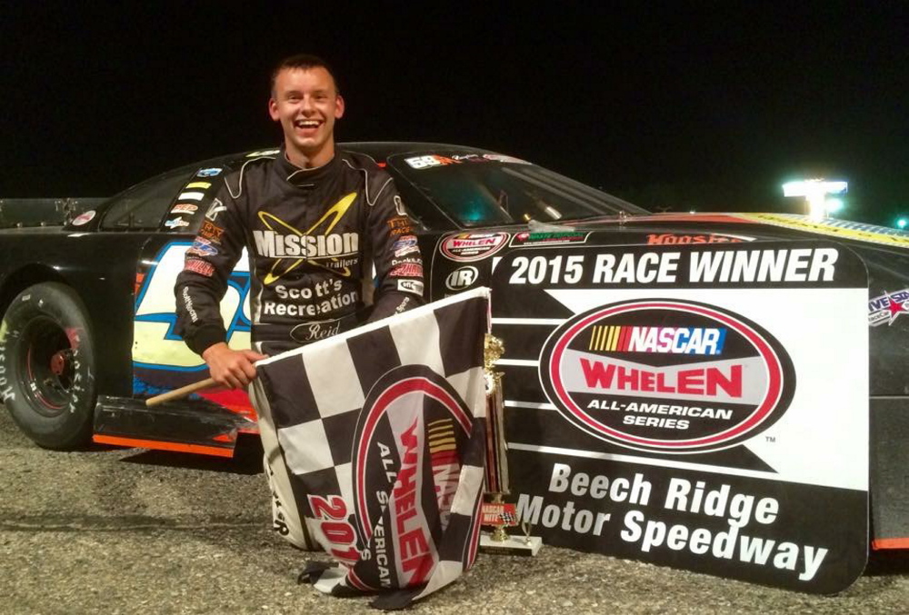 Manchester native Reid Lanpher celebrates after a win at Beech Ridge Motor Speedway in Scarborough last year. Lanpher has agreed to run five races in the NASCAR K&N Pro Series this season.