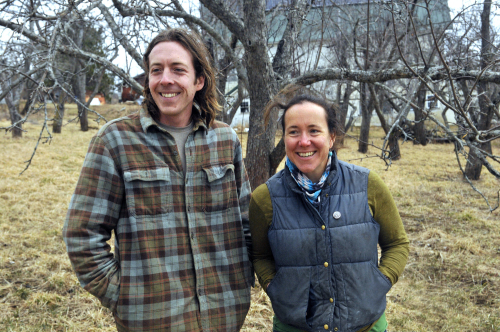 Jon Strieff, of Good Morning Farm, left, and Dalziel Lewis, of Dig Deep Farm, stand in front of apple trees during an interview on Friday in South China.