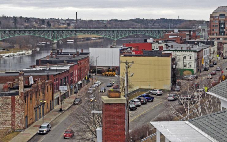 This photo taken in March shows the Colonial Theater, bottom left, and a part of downtown Augusta, which is included in the city’s proposed historic district.