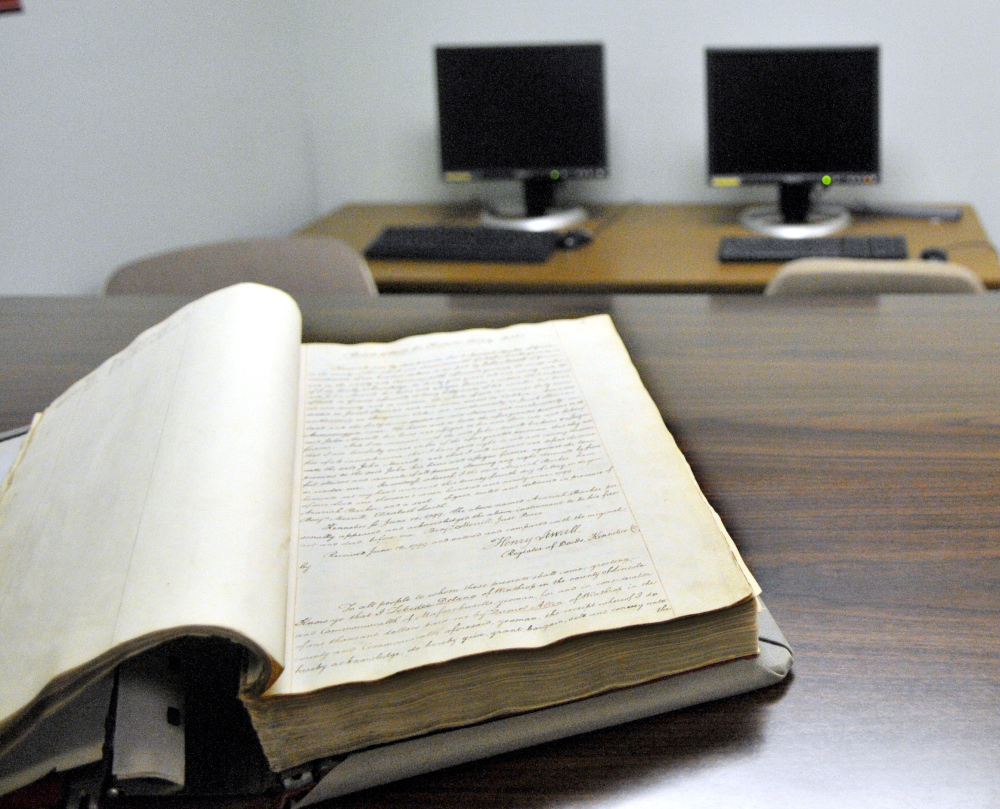 The first book, from 1799, of the Kennebec County Registry of Deeds is shown in this file photo.