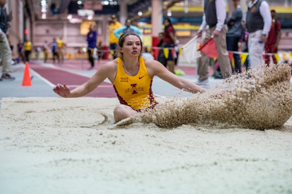 Kate Hall was around 19 to 20 feet in the long jump as a senior at Lake Region High a year ago. Now, under an Iowa State coach with an eye-opening resume, she’s around 21 feet.
Photo courtesy of Iowa State Athletics
