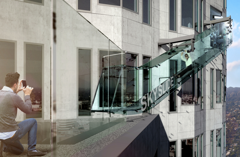 An artist’s rendering shows a 45-foot-long glass slide 1,000 feet above the ground off the side of the U.S. Bank Tower in downtown Los Angeles.