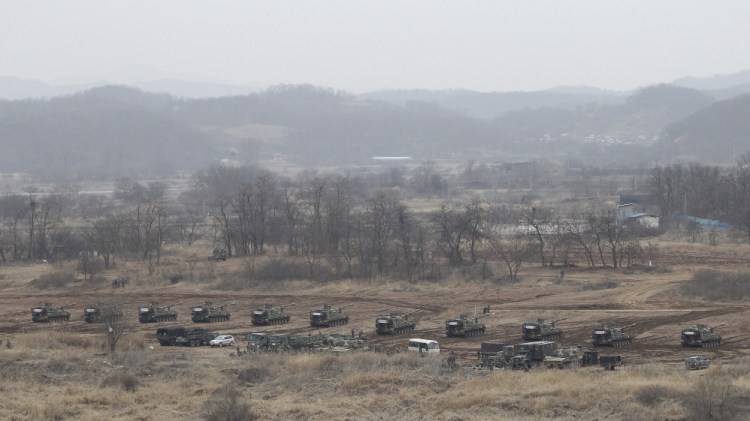 In this  Monday, March 7, 2016, file photo, South Korean army K-9 self-propelled howitzers take on a position during an annual exercise in Paju, near the border with North Korea. Massive joint U.S.-South Korea military exercises are a spring ritual on the Korean Peninsula guaranteed to draw a lot of threat-laced venom from Pyongyang.