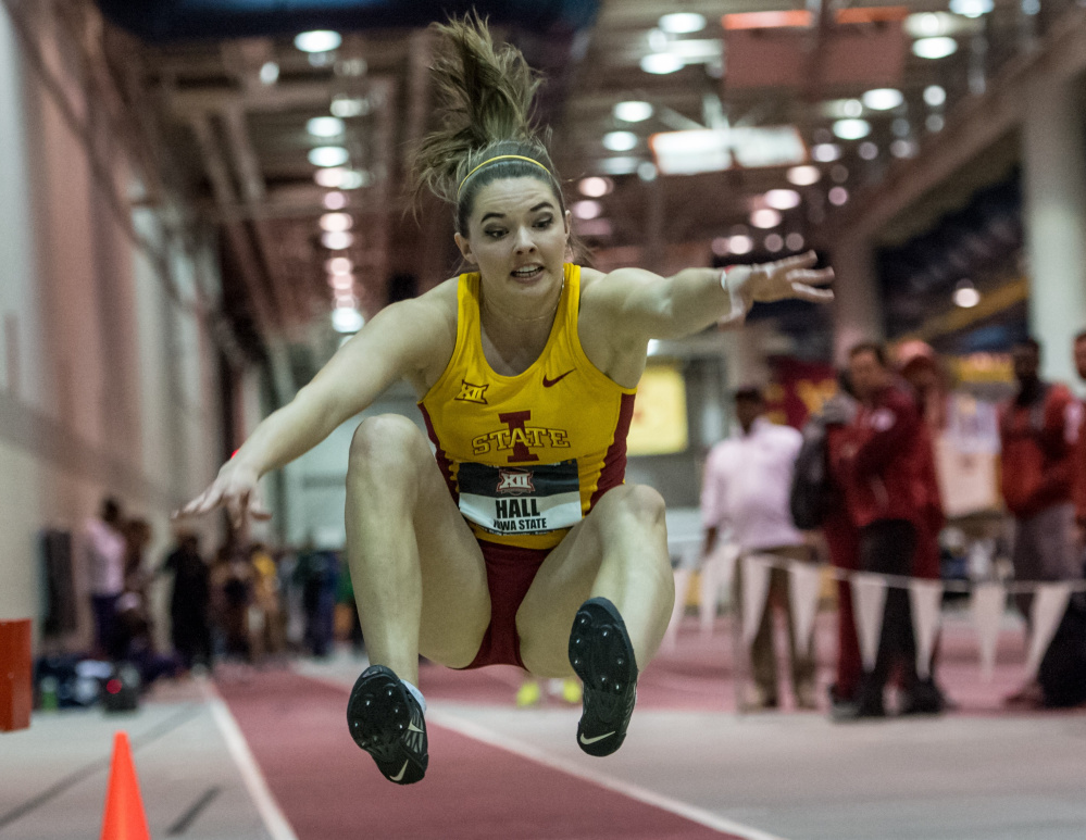 Kate Hall of Casco, a freshman at Iowa State, is seeded fourth in the long jump heading into the NCAA track and field championships in Birmingham, Alabama. She’ll compete Friday night.