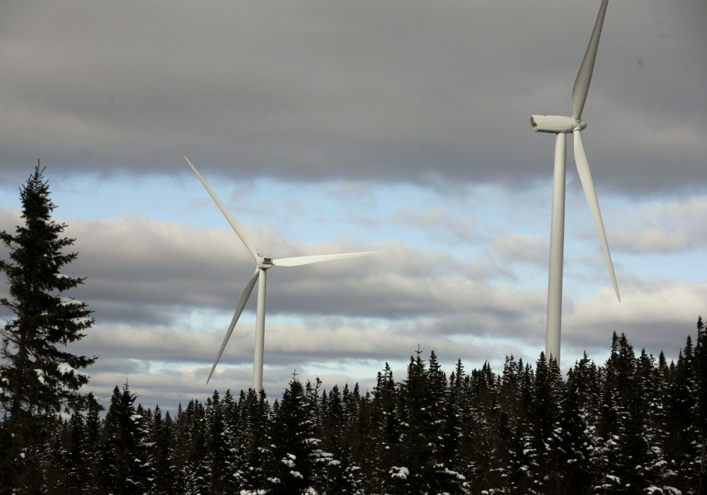Turbines are seen along the Kibby Mountain Range in western Maine. The wind farm includes 44 turbines.