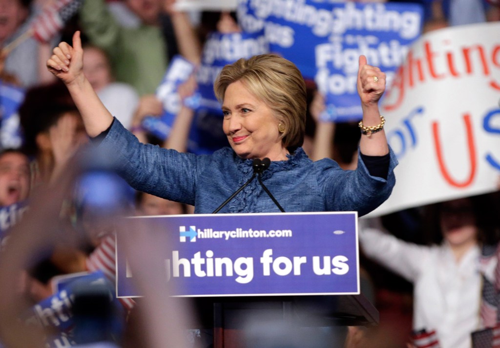 Hillary Clinton arrives at her campaign rally Tuesday night in West Palm Beach, Fla. She said that with her primary wins Tuesday, "We are moving closer to securing the Democratic Party nomination."