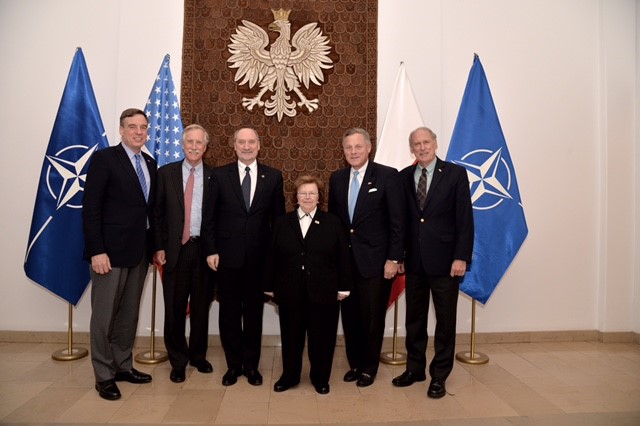 Sen. Mark Warner, from left, Sen. Angus King, Polish Minister of National Defense Antoni Macierewicz, Sen. Barbara Mikulski, Sen. Richard Burr and Sen. Dan Coats.