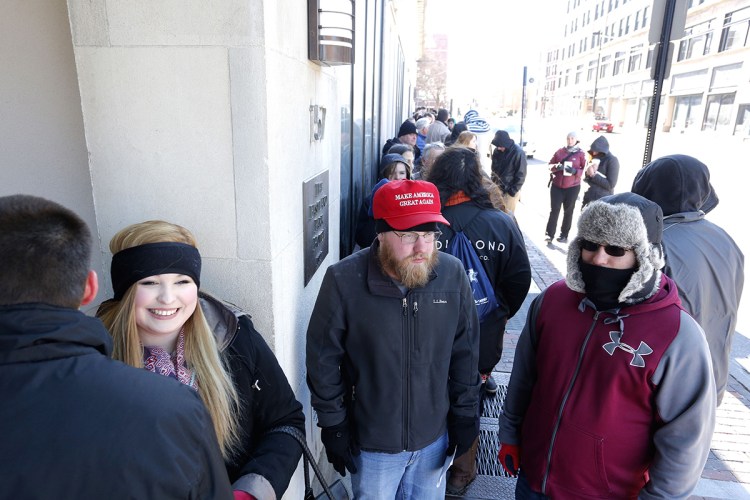 From left, Sean Hartman, 18, of Norway, Prentiss Kurtz, 18, of West Paris, Michael McCann, 24, of Wiscasset and Loren Lilly, 23 of Portland were first in line at the Westin Portland Harborview on High Street in Portland to see Republican presidential candidate Donald Trump, Thursday, March 3, 2016. 