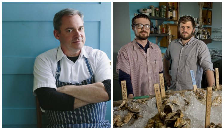 Chef Brian Hill of Francine Bistro in Camden, left, says he'll be in Chicago for the James Beard Awards on May 2, while chefs Mike Wiley and Andrew Taylor at Eventide Oyster Co. in Portland are also nominated in the Best Chef: Northeast category.