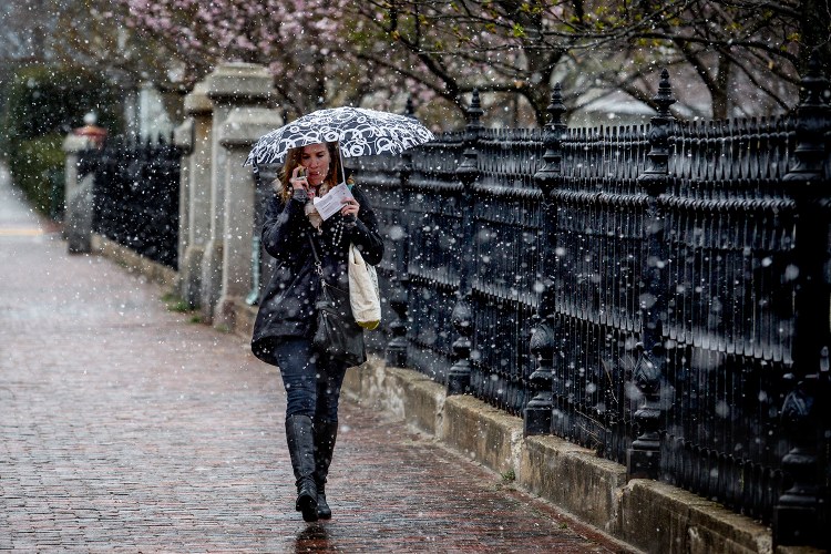 Meghan Donovan of Portland tries to stay dry from a spring snow flurry as she walks downtown from Munjoy Hill on Congress Street Tuesday morning. Gabe Souza/Staff Photographer