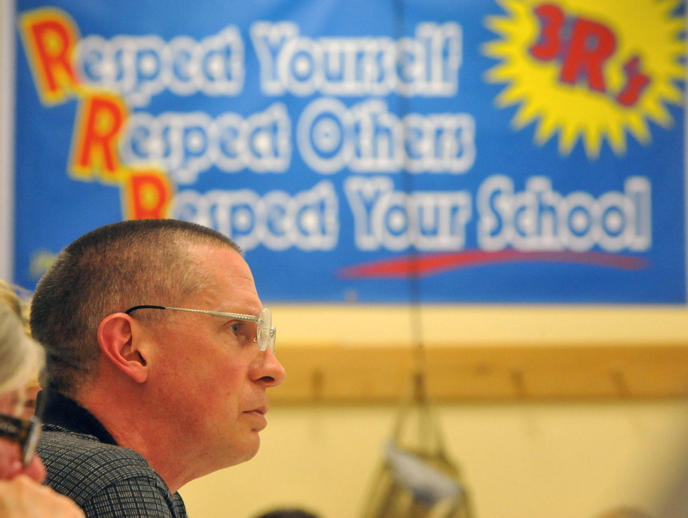 School Administrative District 54 board Chairman Tim Downing takes part in a school board meeting May 7, 2015, in Skowhegan, at which the board voted to keep the Indians nickname. Downing said Tuesday the decision is unlikely to change soon.