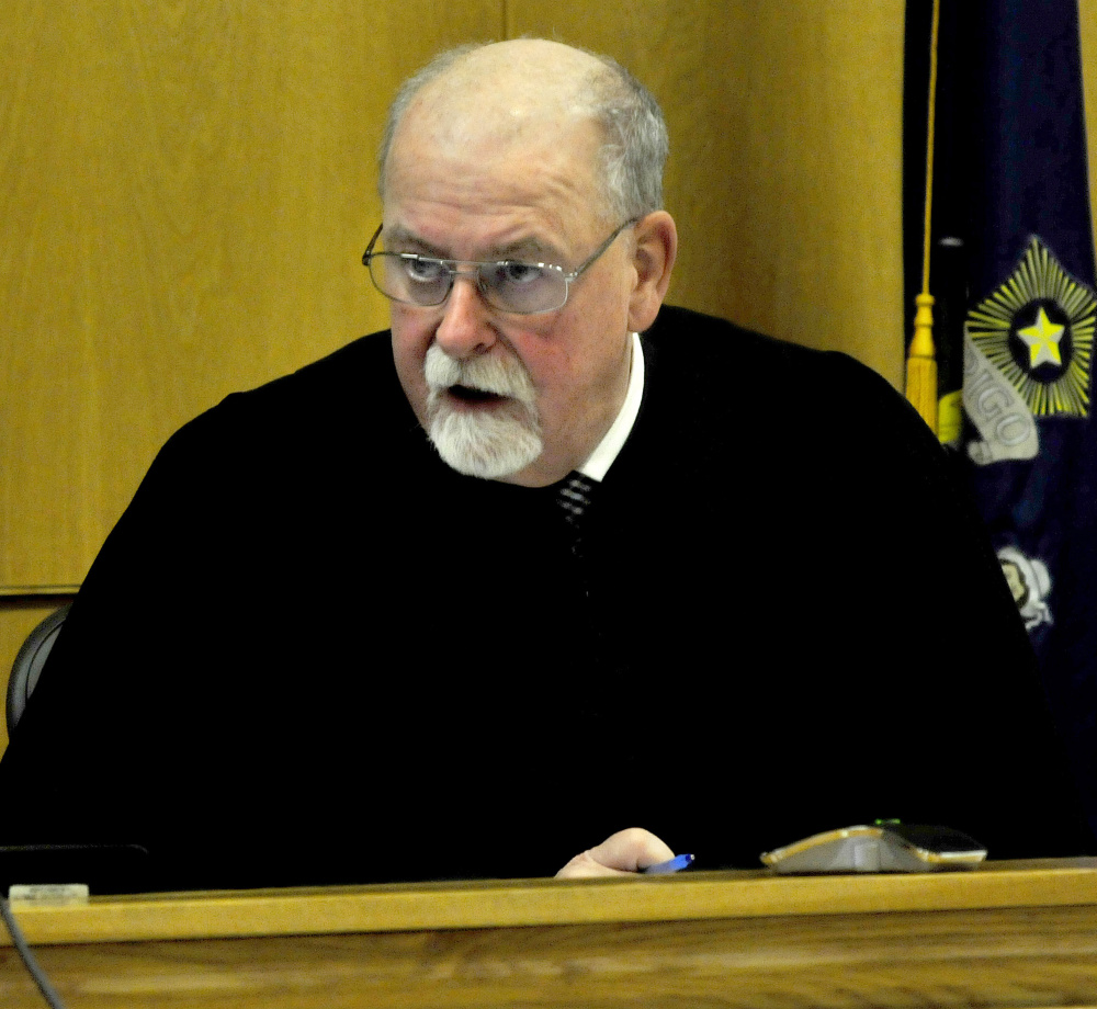 Justice Charles LaVerdiere presides over a hearing for murder defendant Jeremy Erving on Monday in Skowhegan District Court.