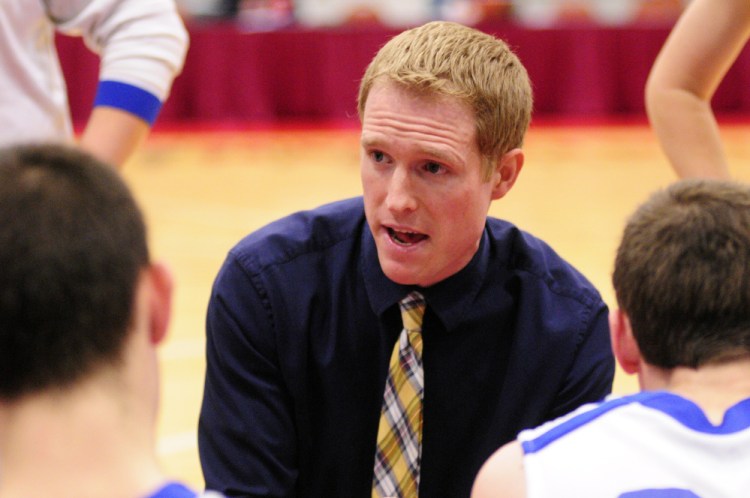 Valley coach Luke Hartwell gives instructions to his team during a timeout of a Class D South semifinal against Greenville at the Augusta Civic Center. Hartwell recently resigned, the school confirmed Wednesday.