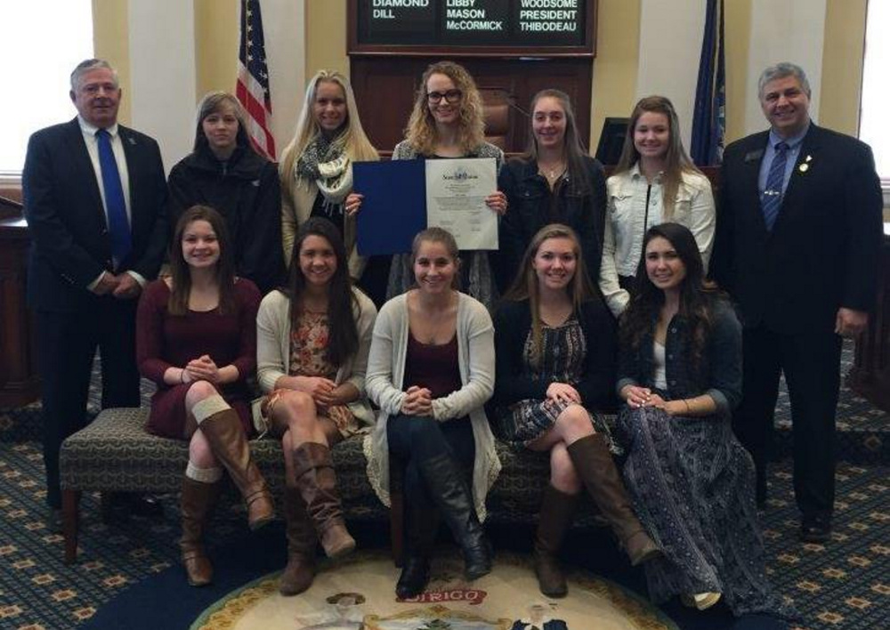 AUGUSTA — Sen. Scott Cyrway (R-Kennebec) honored the Lawrence girls' basketball team for their accomplishments over the past season on March 30 at the State House. He also presented Nia Irving with a Legislative Sentiment recognizing her for being named Miss Maine Basketball 2016. In front, from left, are Morgan Boudreau, Kiana Letourneau, Dominique  Lewis, Camryn Caldwell and Olivia Patterson. In back, from left, are Coach John Donato, Brooklynn Lambert, Cassidy Quint, Nia Irving, Molly Folsom, Hunter Mercier and Sen. Scott Cyrway.