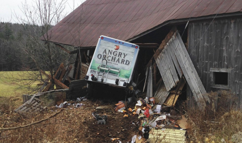 Nicole Dyment has been accused of crashing this stolen Angry Orchard delivery truck into the side of a barn in December 2015 in Limerick.