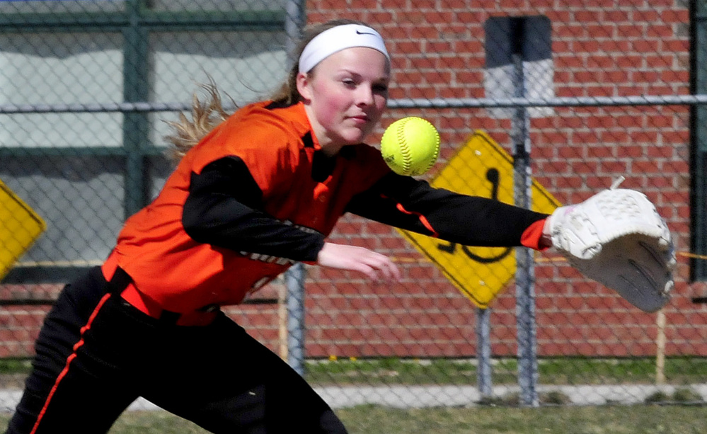 Skowhegan's Wylie Bedard reaches for the ball during a game against Cony on Wednesday in Skowhegan.