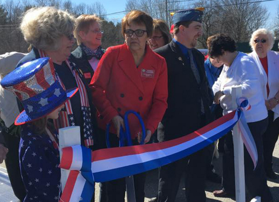American Legion Auxiliary, Department of Maine hosted National President Sharon Conatser April 8-9 during a stopover in her year-long nationwide tour to call on community members. National President Sharon Conatser, center, cut the ribbon for the official opening of the American Legion Auxiliary's new state headquarters. The auxiliary now resides on the same property in Winslow as the American Legion and Sons of the American Legion, the first time in the organization's 96-year history they have been together.