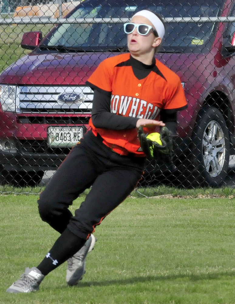 Skowhegan's Annie Worthen hauls in a fly ball during a Kennebec Valley Athletic Conference Class A game Monday afternoon against Messalonskee.