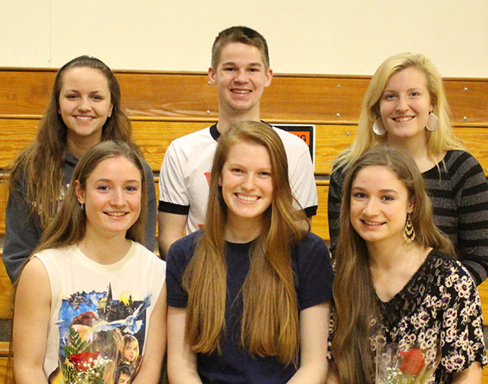 Erskine Academy students and staff attended a Renaissance Assembly on April 8 to honor their peers with Renaissance Awards. Seniors of the Trimester, front, from left, are Rachel Read, Abigail Cooper, and Autumn Read. Back, from left, are Theresa Gervais, Raymond Weymouth and Mallory Chamberlain.