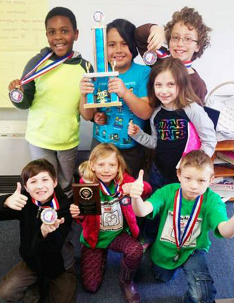 Cushnoc Academy recently competed at the state finals for Odyssey of the Mind and placed first in their division and received an invitation to the world finals in Iowa. Front, from left, are Eben Buck, Klea Cunningham and Giacomo Smith. Back, from left, are Carlos Fra-Nero, Lucas Ochoa-Durrell, Colin Maloney and Eleanor Maranda.