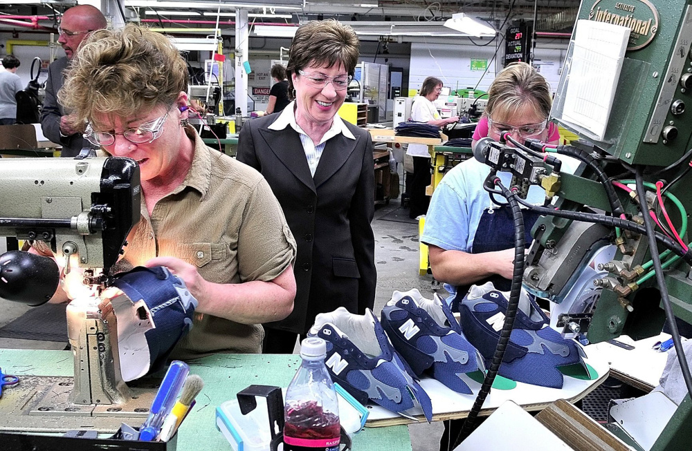 Sen. Susan Collins toured the New Balance factory in Norridgewock several years ago to see how footwear is made and speak with employees. Collins later received an award for her legislative work with the manufacturing industry.