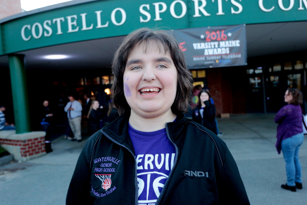 Lauren Anderson of the Waterville unified basketball team, who won the Unsung Hero Award, arrives at the Varsity Maine Awards on Wednesday at the University of Southern Maine in Gorham.