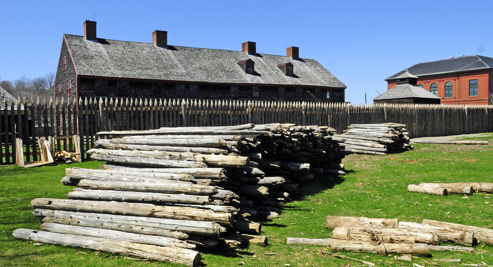 These palisade posts, seen in a photo taken on Wednesday at Old Fort Western in Augusta, are for sale.