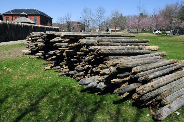 These palisade posts, shown in a Wednesday photo, will be for sale from 9 a.m. to 2 p.m. Saturday, May 7, at Old Fort Western in Augusta.