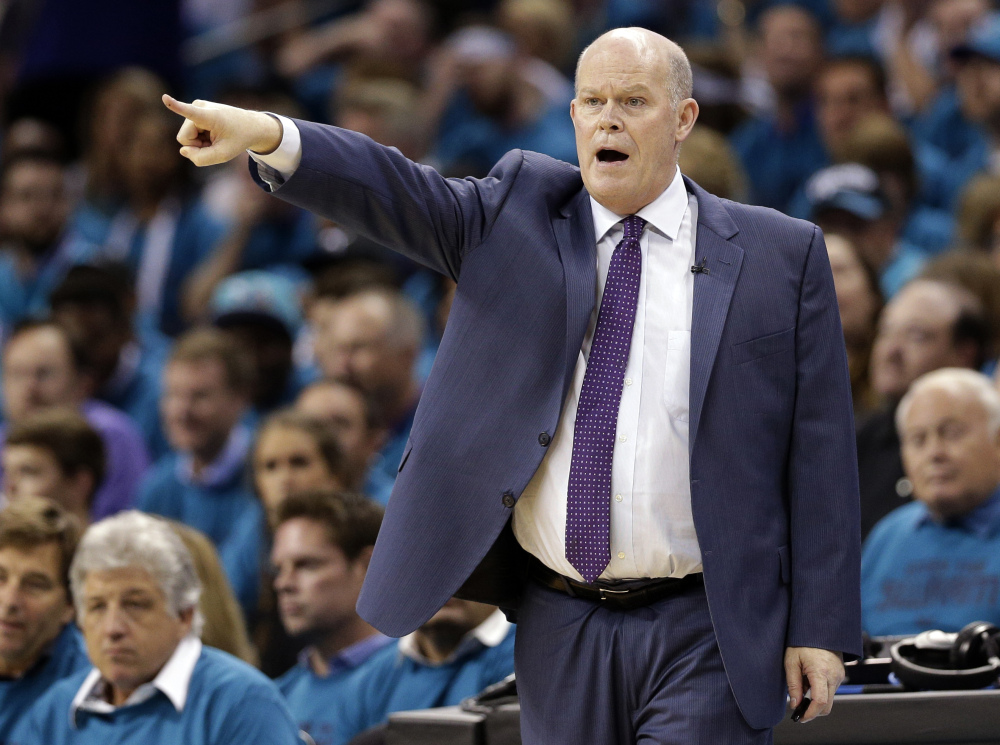 Charlotte Hornets head coach Steve Clifford, a 1983 University of Maine at Farmington graduate, directs his team against the Miami Heat during the first half in Game 6 of a first-round series Friday in Charlotte, North Carolina.