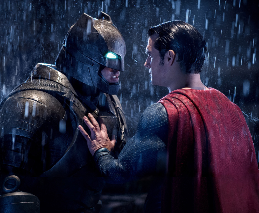 Ben Affleck, left, and Henry Cavill in a scene from "Batman v Superman: Dawn of Justice."