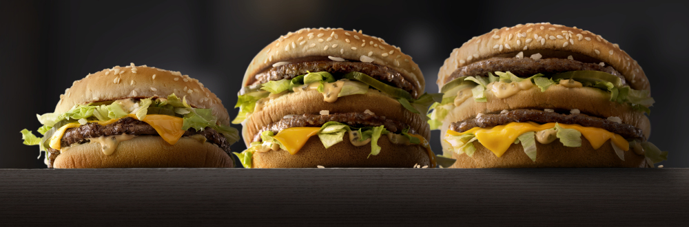 The traditional Big Mac, center, as compared to Mac Jr., left, and Grand Mac – alternative versions of McDonald's trademark sandwich being tested in Ohio and Texas markets.