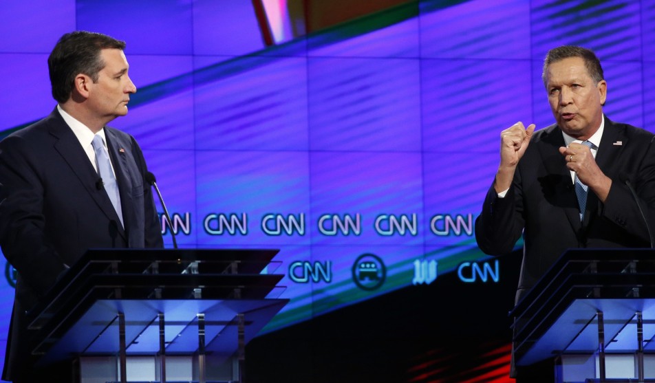Ohio Gov. John Kasich, right, and Texas Sen. Ted Cruz take part in the Republican presidential debate March 10 at the University of Miami in Coral Gables, Fla.