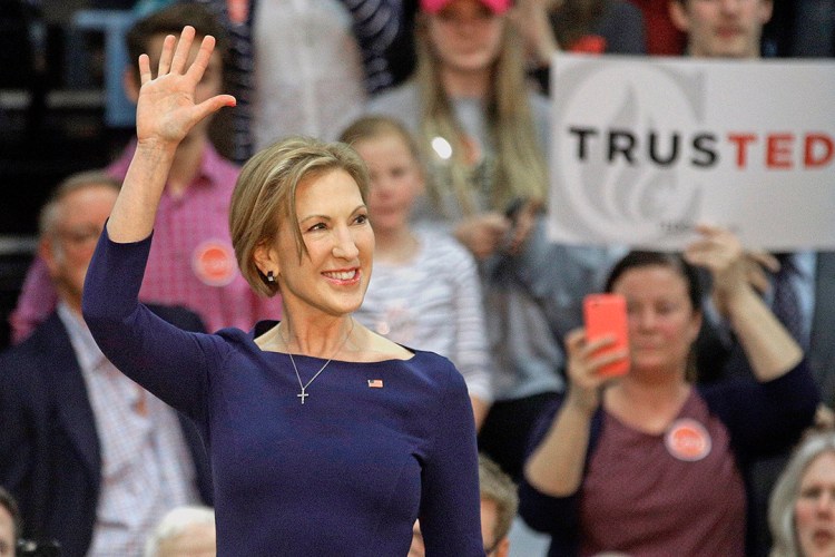 Carly Fiorina talks to supporters before Republican presidential candidate Ted Cruz speaks at a campaign rally in Ballwin, Mo. , on March 12. The Associated Press