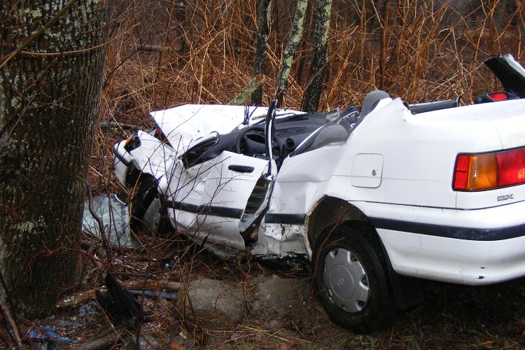 Two teenagers were injured, one critically, when this 1991 Toyota Corolla went airborne after hitting a tree Tuesday on Finntown Road in Warren.