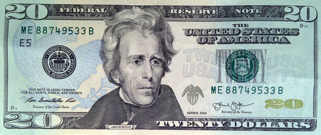 This April 17, 2015, file photo provided by the U.S. Treasury shows the front of the U.S. $20 bill, featuring a likeness of Andrew Jackson, seventh president of the United States. A Treasury official said Wednesday, April 20, 2016, that Secretary Jacob Lew has decided to put Harriet Tubman on the $20 bill, making her the first woman on U.S. paper currency in 100 years. (U.S. Treasury via AP, File)