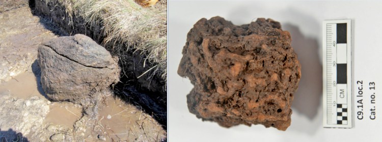 Left: The fire-scorched face of a boulder at the probable iron ore roasting site. Right: One of the larger lumps of roasted bog iron ore excavated from the site. Photo by Greg Mumford via The Washington Post