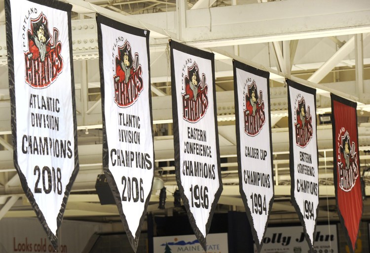 The Pirates championship banners hang from the rafters at the Cross Insurance Arena.
John Ewing/Staff Photographer