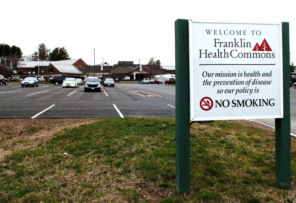The entrance to Franklin Memorial Hospital and Franklin Health Commons in Farmington are seen Tuesday. Sen. Tom Saviello, R-Wilton, says the state's failure to expand Medicaid coverage might have hurt the hospital by causing federal reimbursements to decline, and that it probably was a factor contributing to 22 layoffs announced last week.