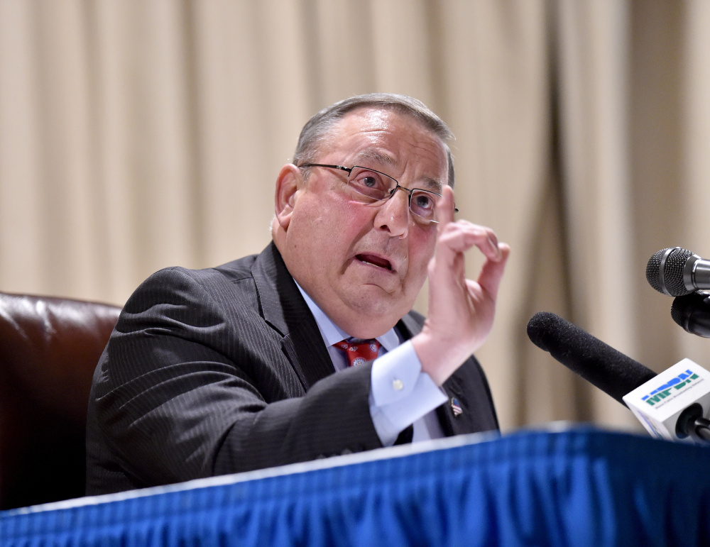 Gov. Paul LePage speaks at a town hall-style meeting in Madison in March. His next one will be Tuesday in Oakland.